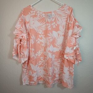 Worthington Blouse Sheer Short Sleeve Ruffled Drawstring Peach Floral Women 1X